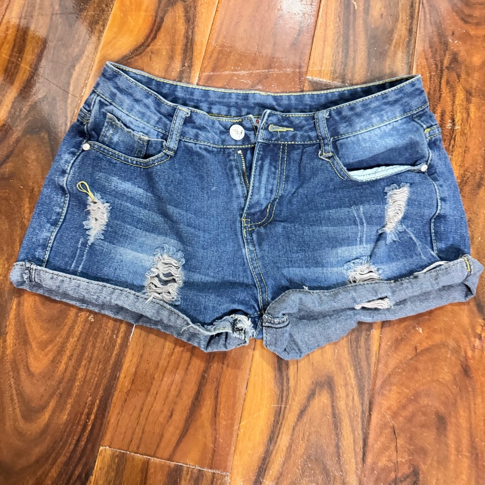 Blue Distressed size 30 Jean Shorts with Cuffed Hem